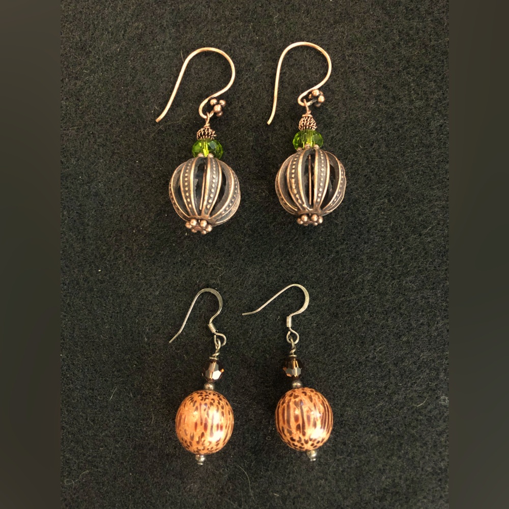 Set of two pairs of pierced earrings-Copper beads w/green-Wood beads w/brown
